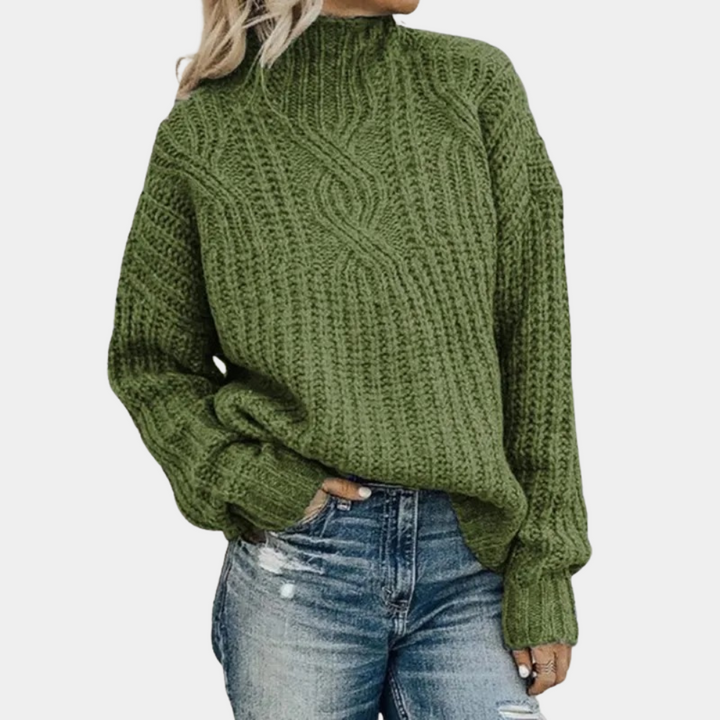 Women’s Vintage Knit Sweater | High Neck & Cable Pattern | Loose & Comfortable