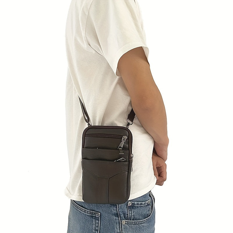 Men’s Waist Bag | Genuine Cowhide Leather | With Phone Holder & Multiple Zip Pockets