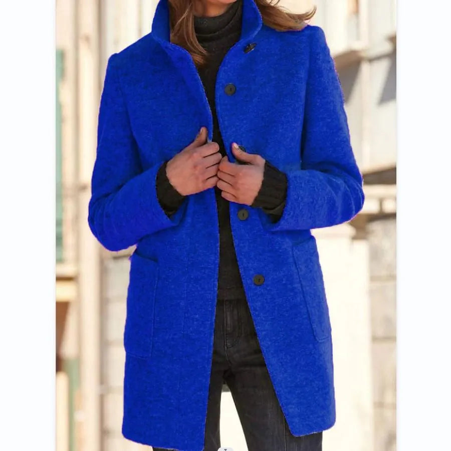 Women’s Coat | Retro Commuter Style | Stand Collar & Pockets | Polyester