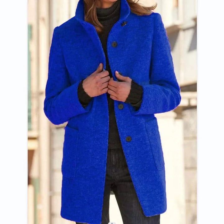 Women’s Coat | Retro Commuter Style | Stand Collar & Pockets | Polyester