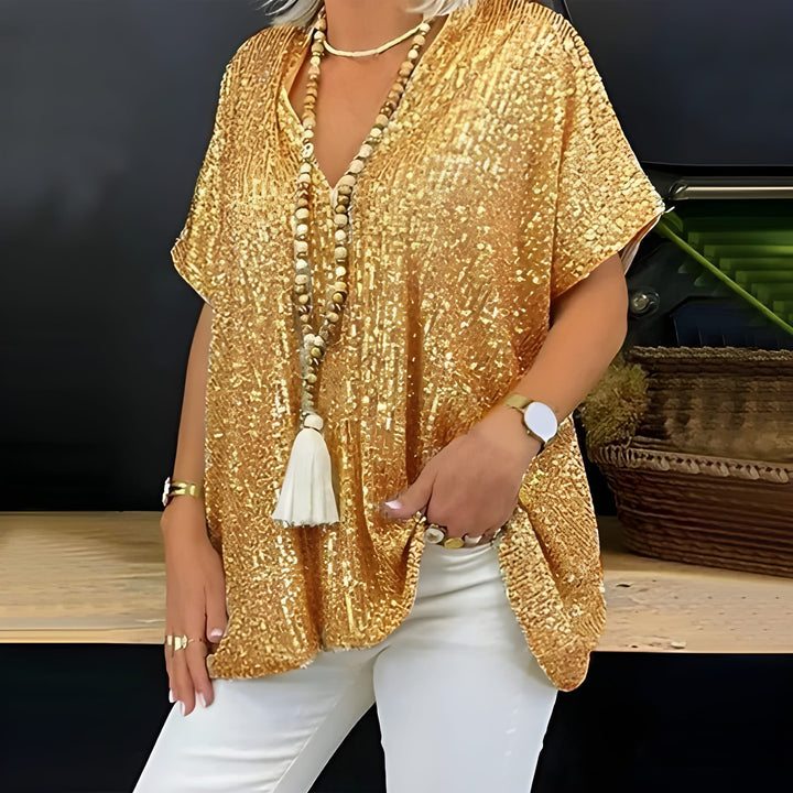 Women’s T-Shirt | V-Neck Sequin Detail | Loose-Fit Urban Summer Top