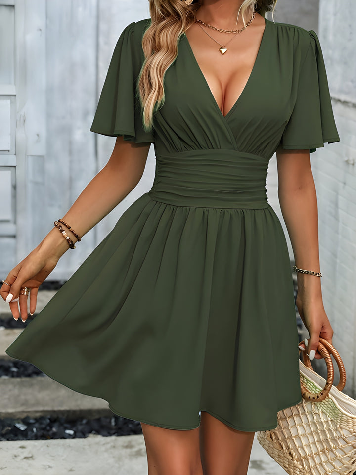 Women's Tunic Dress | Deep V-Neck | Folded Sleeves & Pure Colour | Polyester