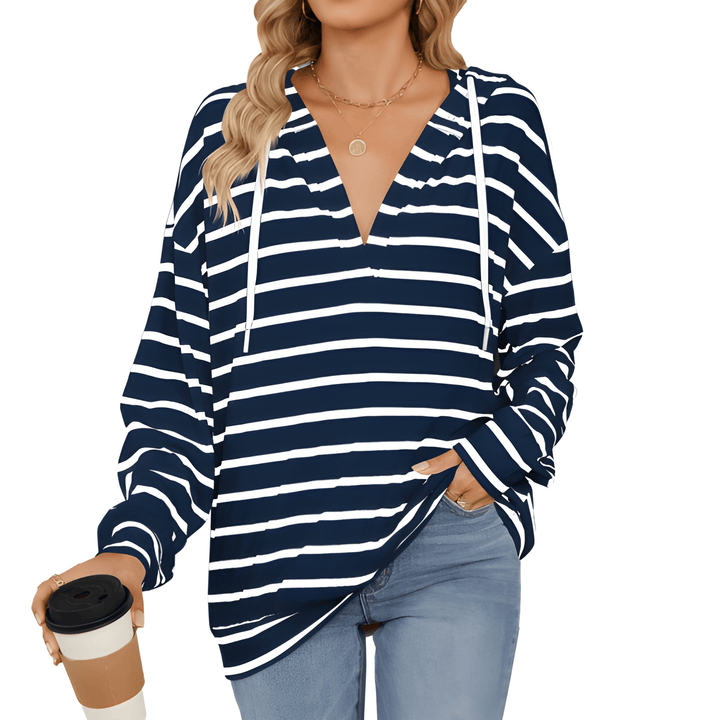 Women’s Jumper | Hooded V-Neck Sweater | Striped Casual Top
