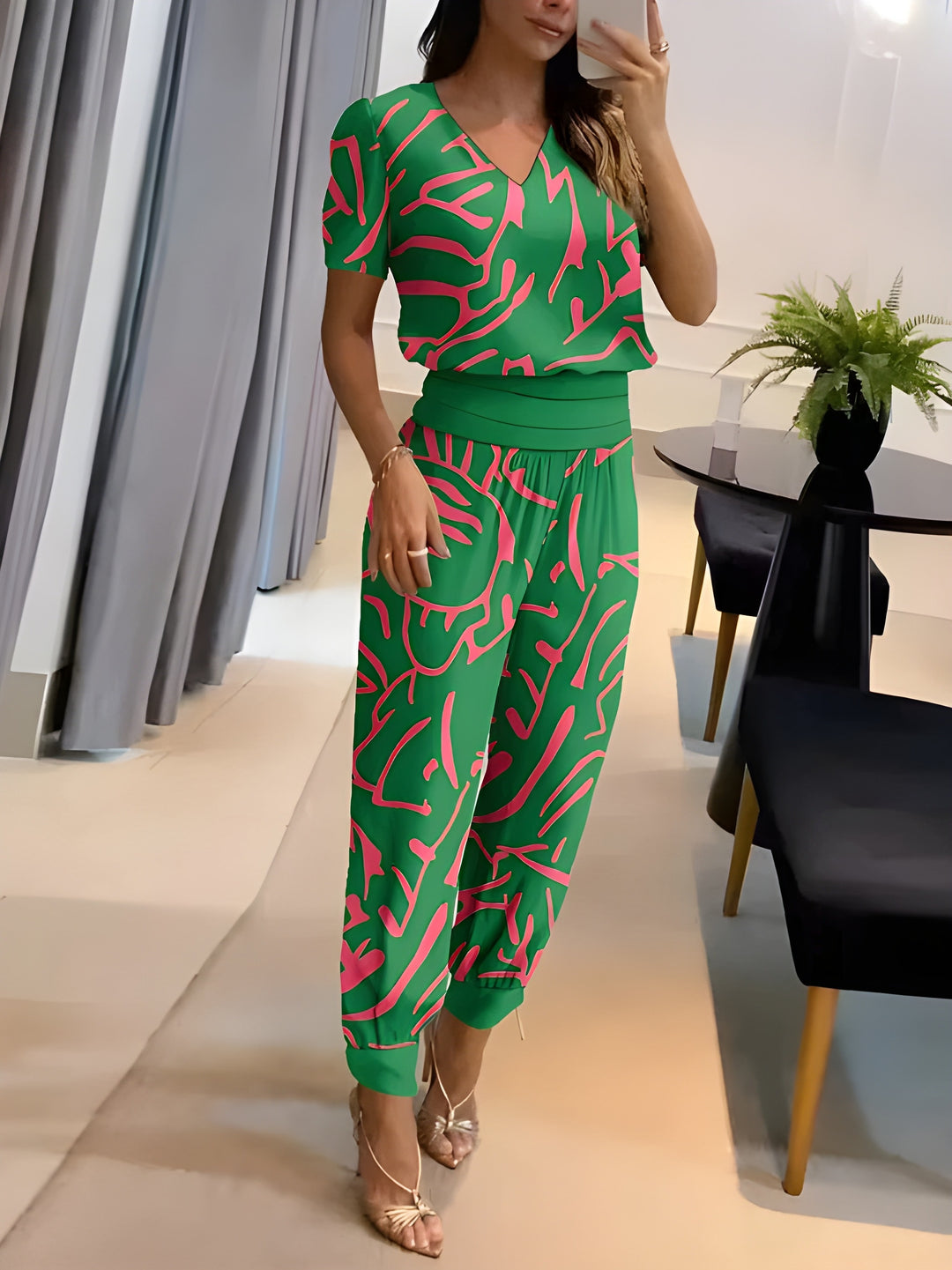 Women's Two-Piece Set | V-Neck Printed Top & Trousers | Casual Summer Outfit | Polyester