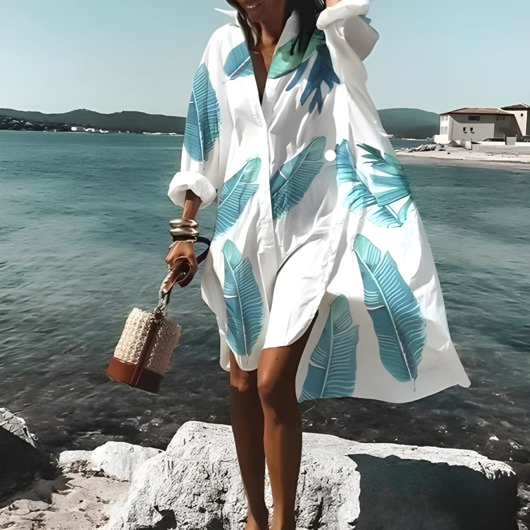Women's Dress | Floral Print V-Neck | Loose Fit & Long Sleeves | Cotton-Polyester