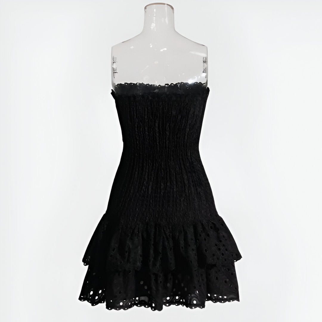 Women’s Mini Dress | Boho & Summery | Strapless with Ruffle | Embroidered Flowers