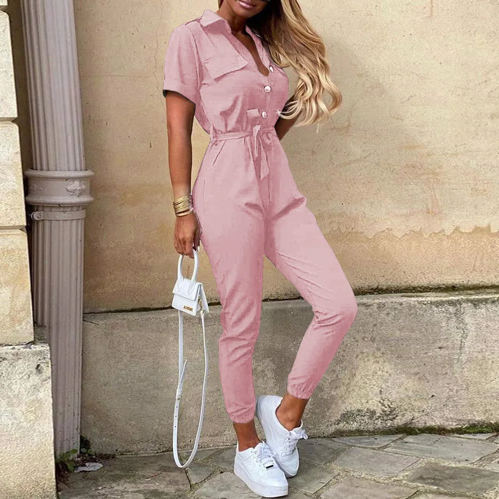 Women's Jumpsuit | Short Sleeve with Lapel | Printed Belt & Elegant Fit | Polyester