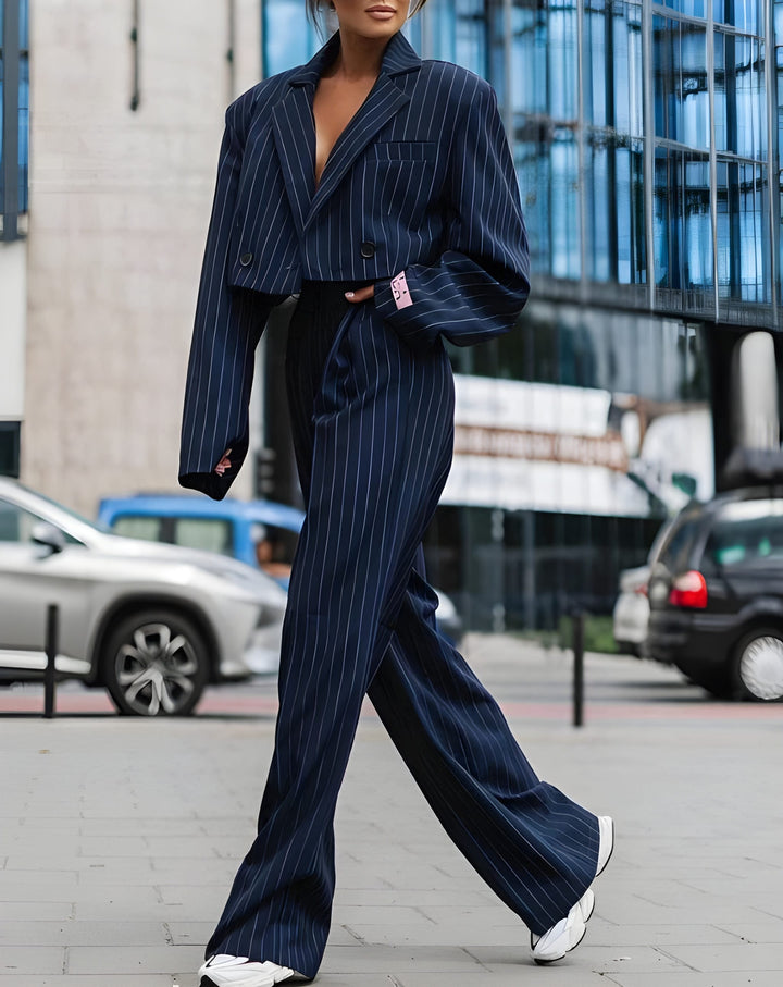 Women's Two-Piece Suit | Striped Blazer & Trousers | Elegant Workwear Set | Polyester-Spandex