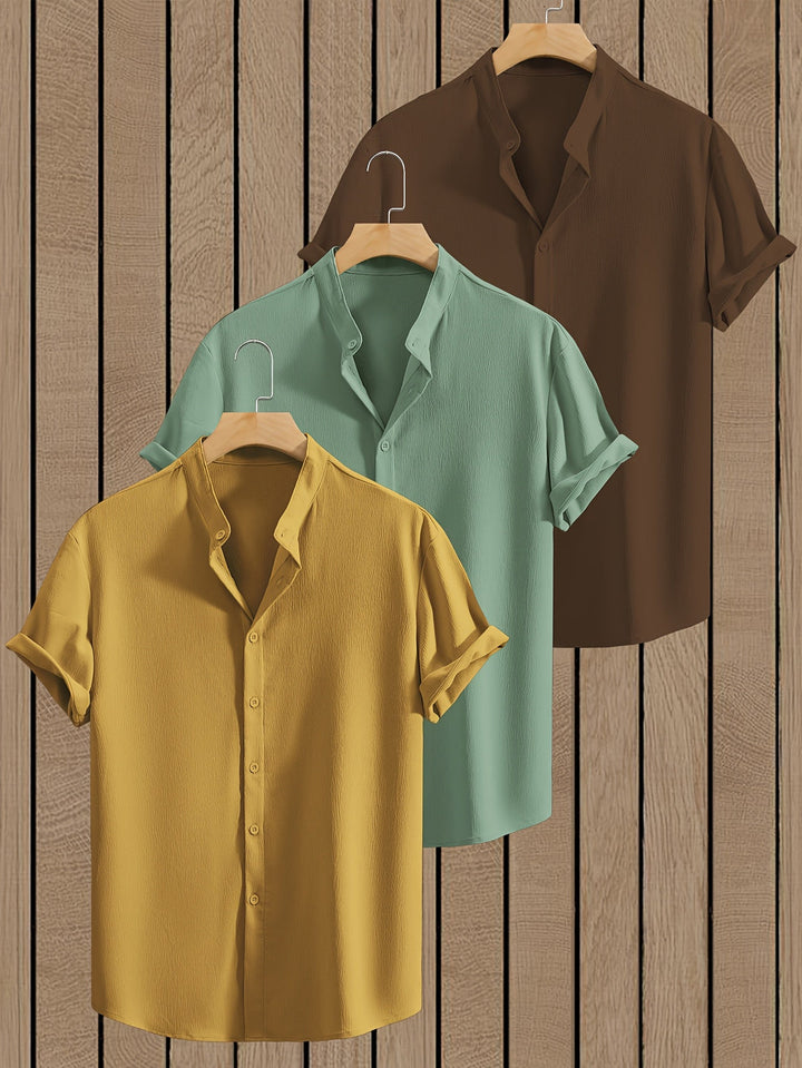Men's Summer Shirts | Stand Collar | Breathable & Comfortable | Polyester | 3-Pack