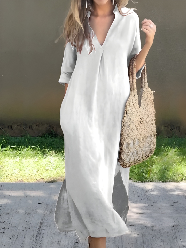 Women's Long Dress | V-Neck Cotton-Linen | Vintage Style with Pockets | Half Sleeves