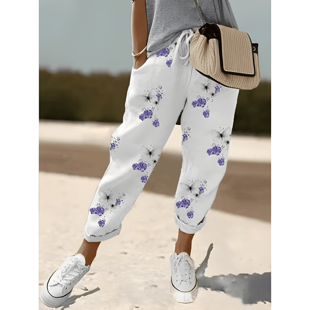 Women's Wide Leg Trousers | Vintage Print | Elastic Waist | Lightweight Polyester Blend