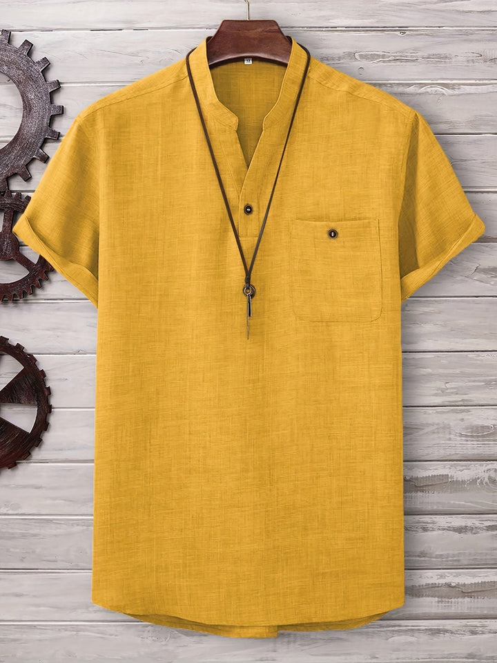 Men's Summer Shirt | Lightweight & Slim Fit | Stand Collar & Chest Pocket | Polyester