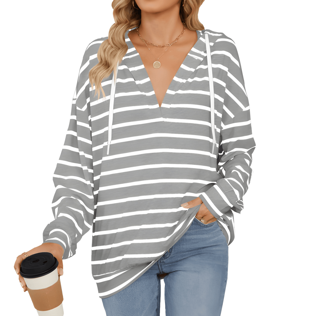 Women’s Jumper | Hooded V-Neck Sweater | Striped Casual Top