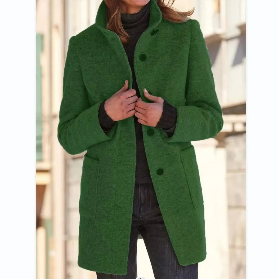 Women’s Coat | Retro Commuter Style | Stand Collar & Pockets | Polyester