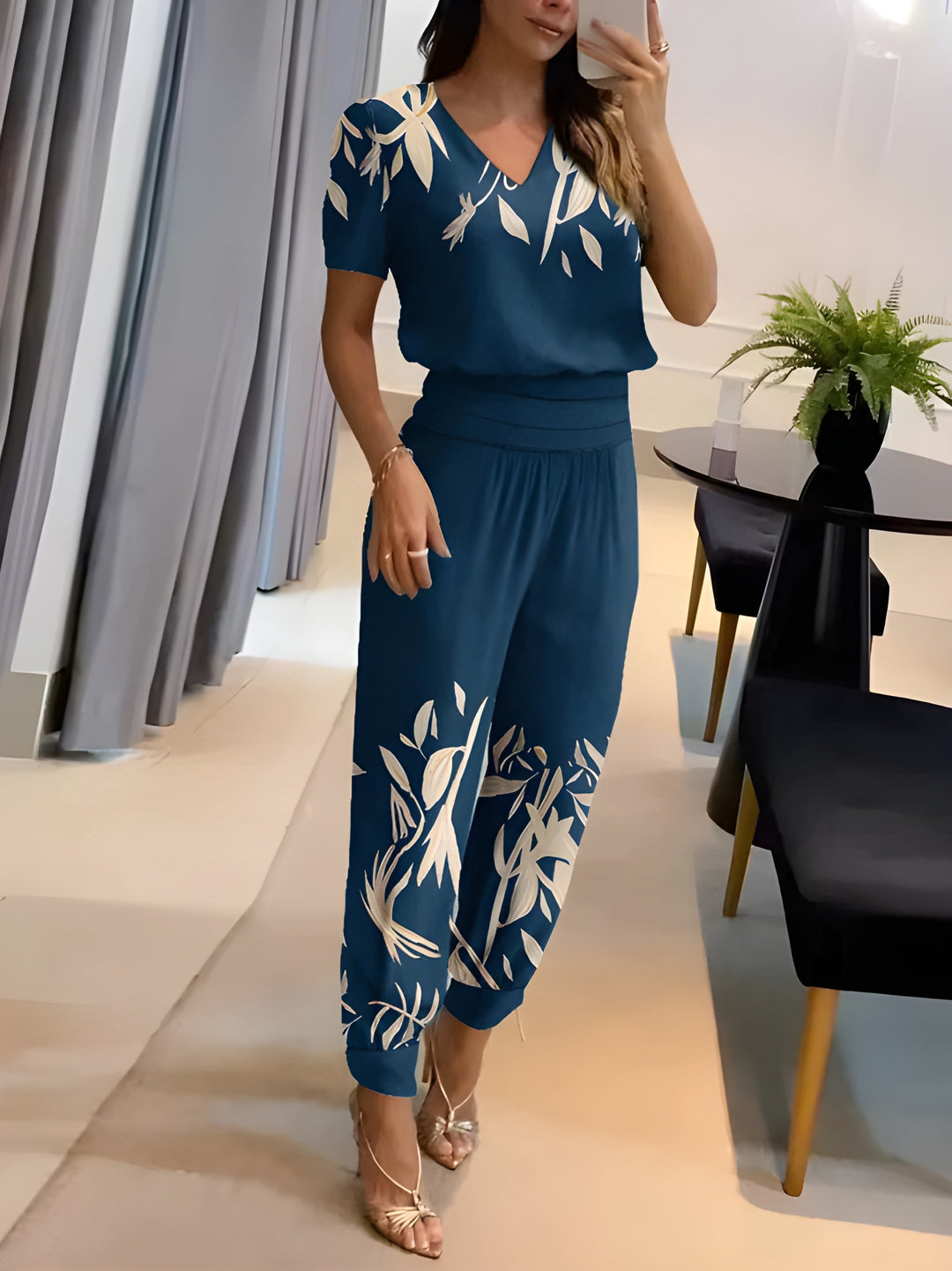 Women's Two-Piece Set | V-Neck Printed Top & Trousers | Casual Summer Outfit | Polyester