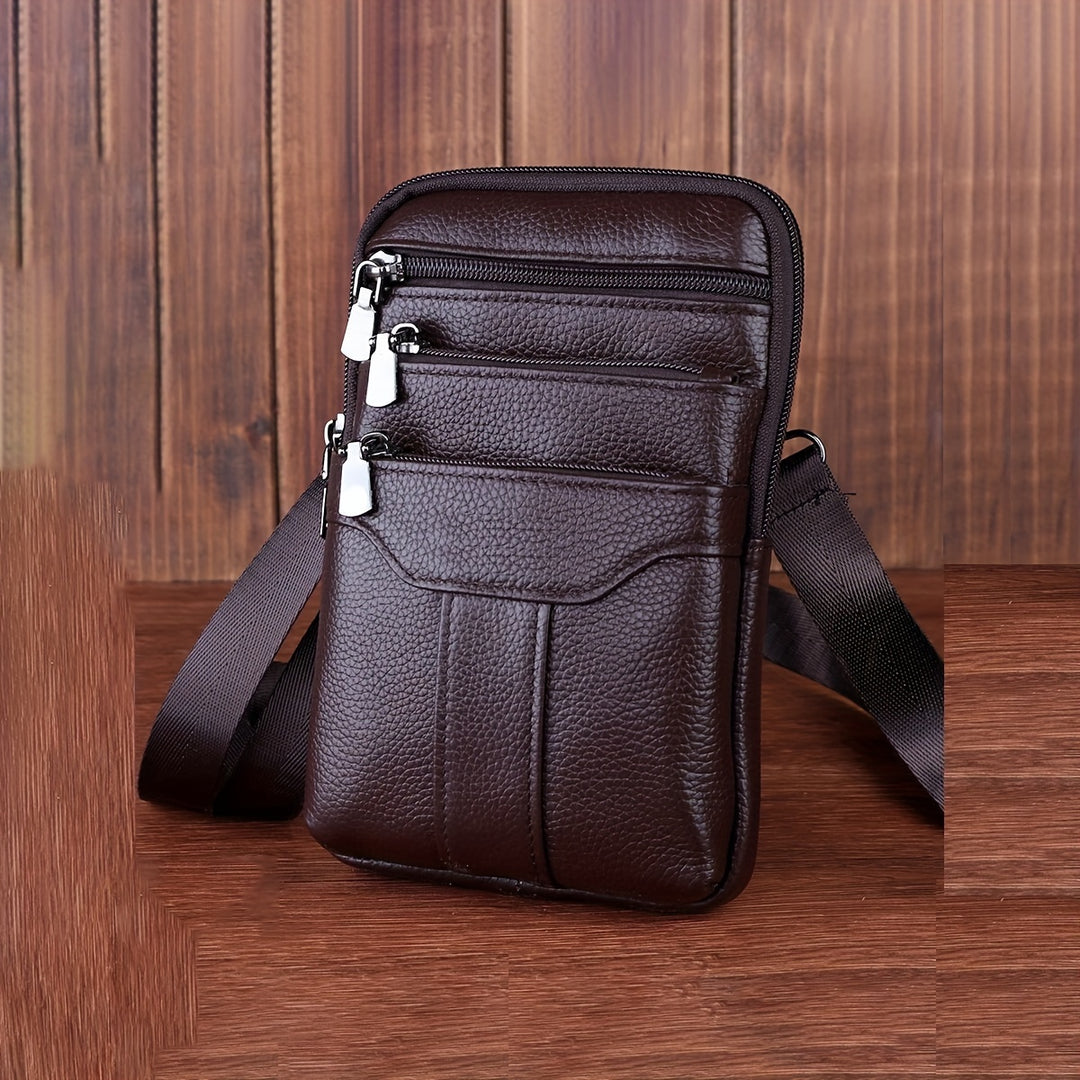Men’s Waist Bag | Genuine Cowhide Leather | With Phone Holder & Multiple Zip Pockets