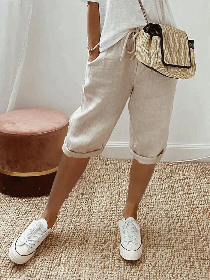 Women’s Trousers | Loose Fit Casual Style | Elastic Waist & Pockets | Cotton-Linen