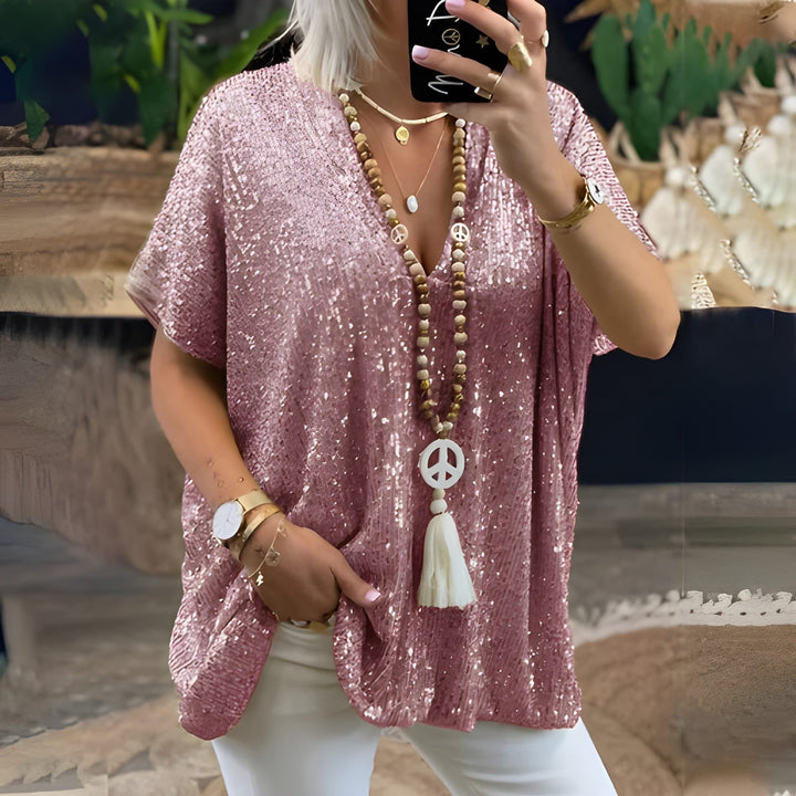 Women’s T-Shirt | V-Neck Sequin Detail | Loose-Fit Urban Summer Top