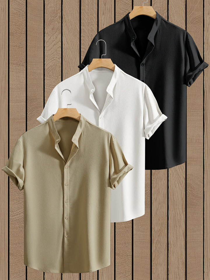Men's Summer Shirts | Stand Collar | Breathable & Comfortable | Polyester | 3-Pack
