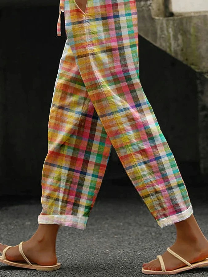 Women’s Casual Trousers | Vintage Check Pattern | Lace Detail | Lightweight & Elegant Fit