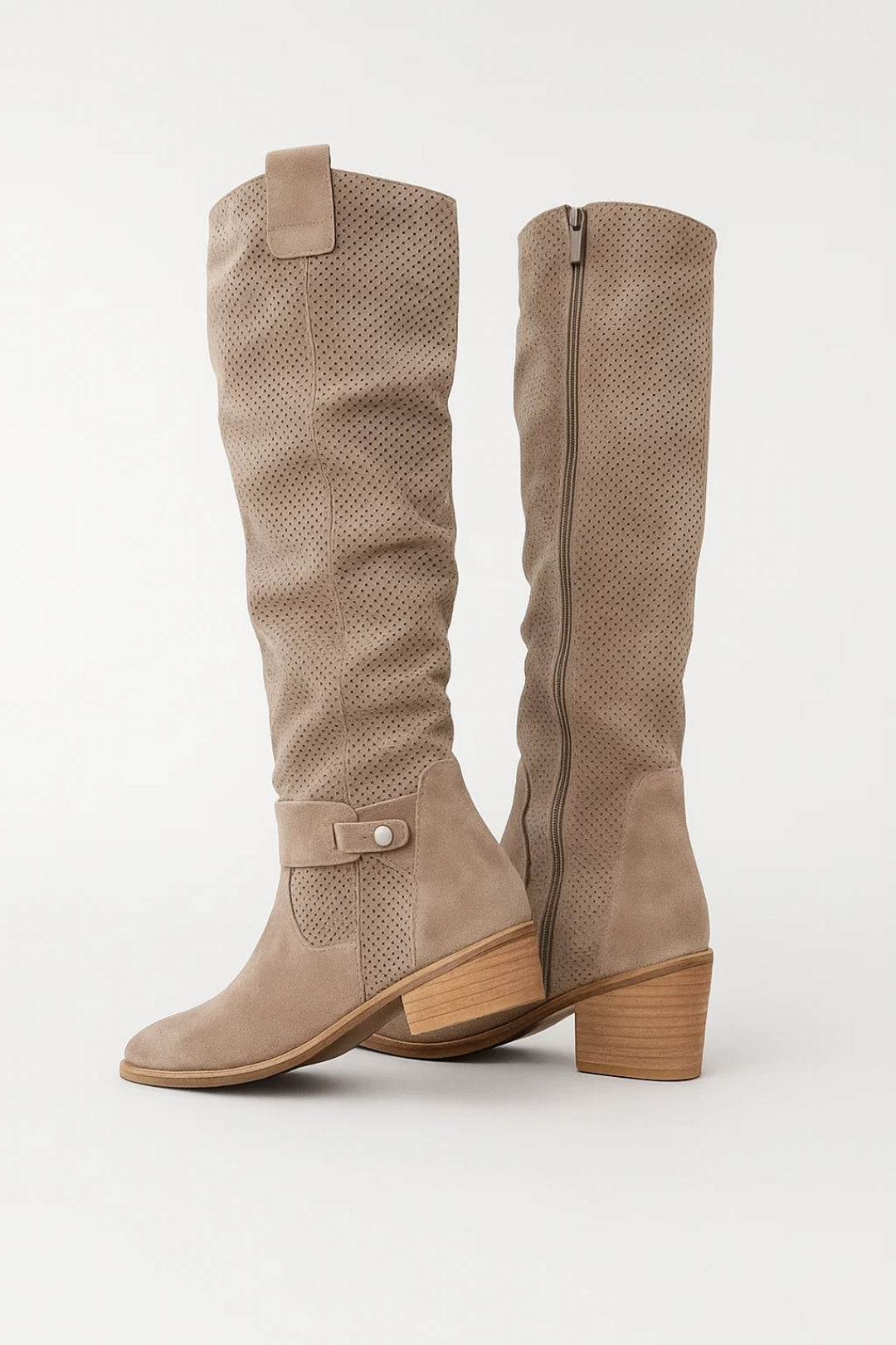 Knee High Boots | Perforated Low Heel | Womens Stylish Shoes