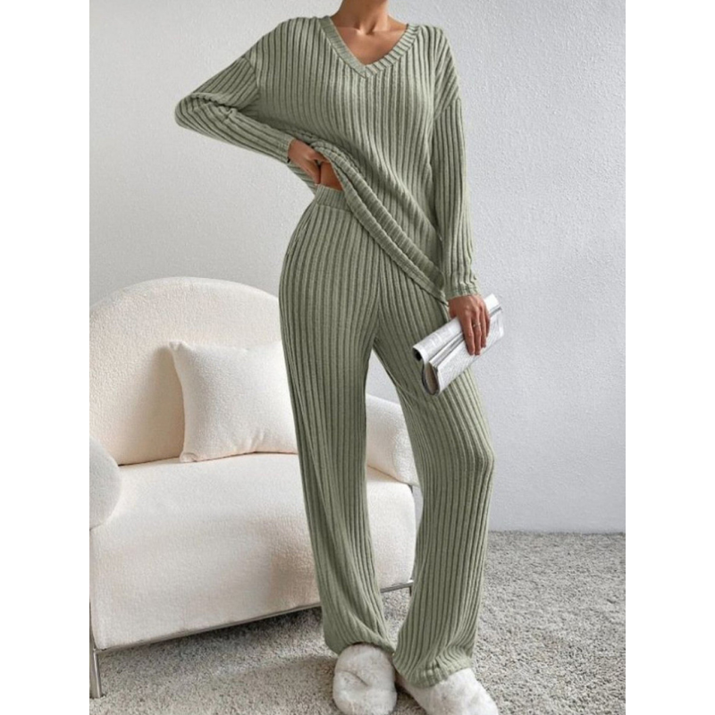 Women’s Set | Ribbed Clothing Style | V-Neck Lounge Set