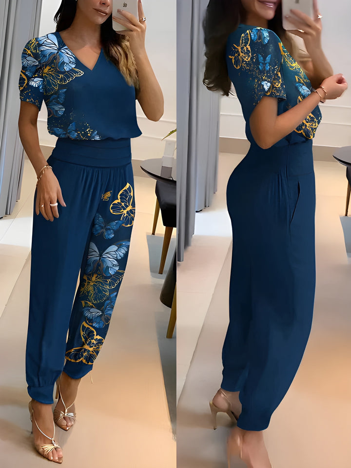 Women's Two-Piece Set | V-Neck Printed Top & Trousers | Casual Summer Outfit | Polyester