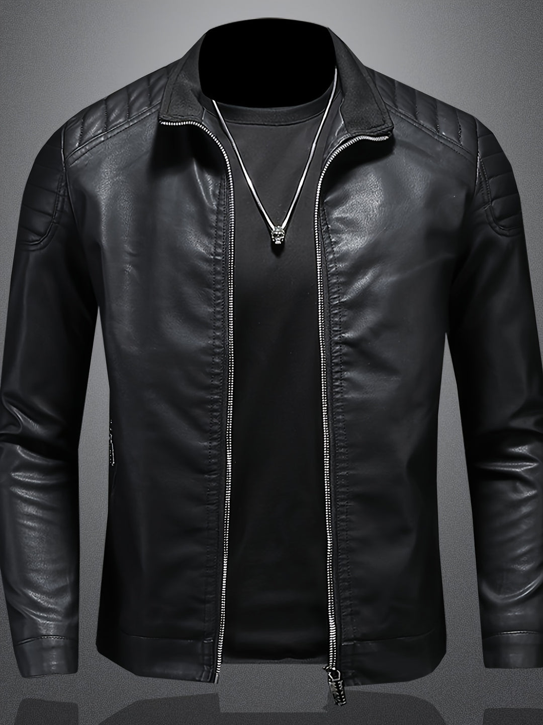 Men’s Casual Jacket | Elegant High Collar | Front Zip & Pockets | Faux Leather