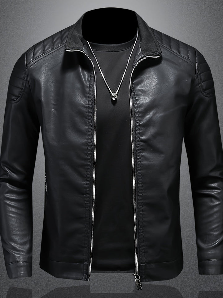 Men’s Casual Jacket | Elegant High Collar | Front Zip & Pockets | Faux Leather