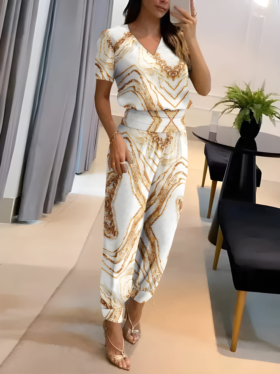 Women's Two-Piece Set | V-Neck Printed Top & Trousers | Casual Summer Outfit | Polyester