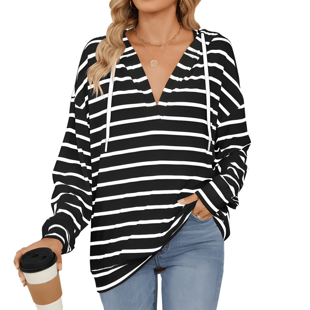 Women’s Jumper | Hooded V-Neck Sweater | Striped Casual Top