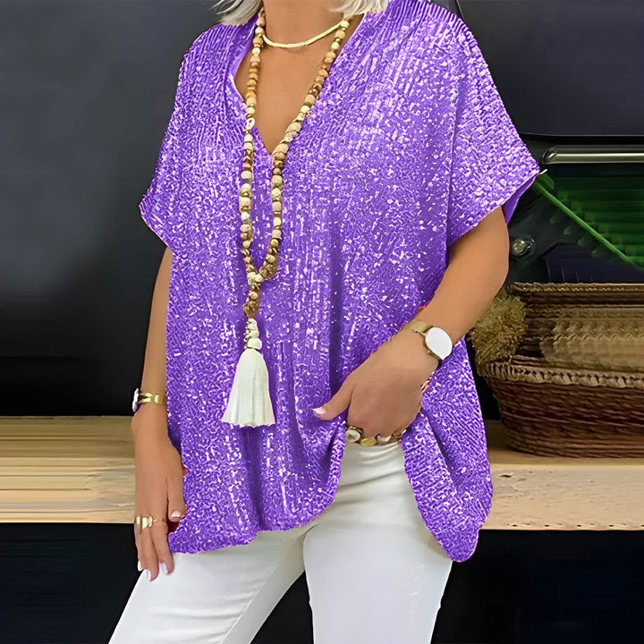Women’s T-Shirt | V-Neck Sequin Detail | Loose-Fit Urban Summer Top