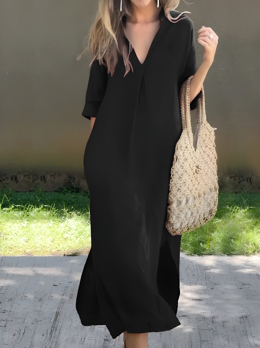 Women's Long Dress | V-Neck Cotton-Linen | Vintage Style with Pockets | Half Sleeves