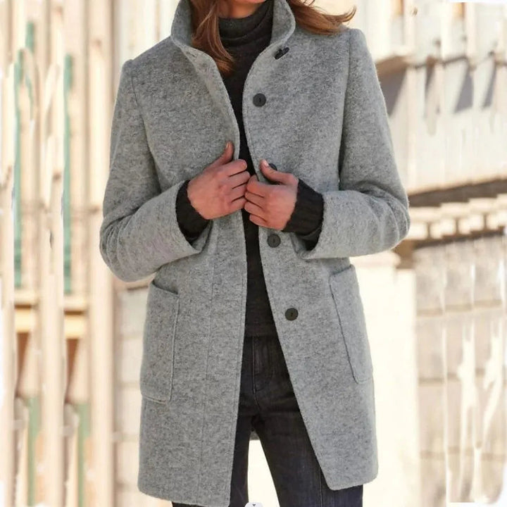 Women’s Coat | Retro Commuter Style | Stand Collar & Pockets | Polyester