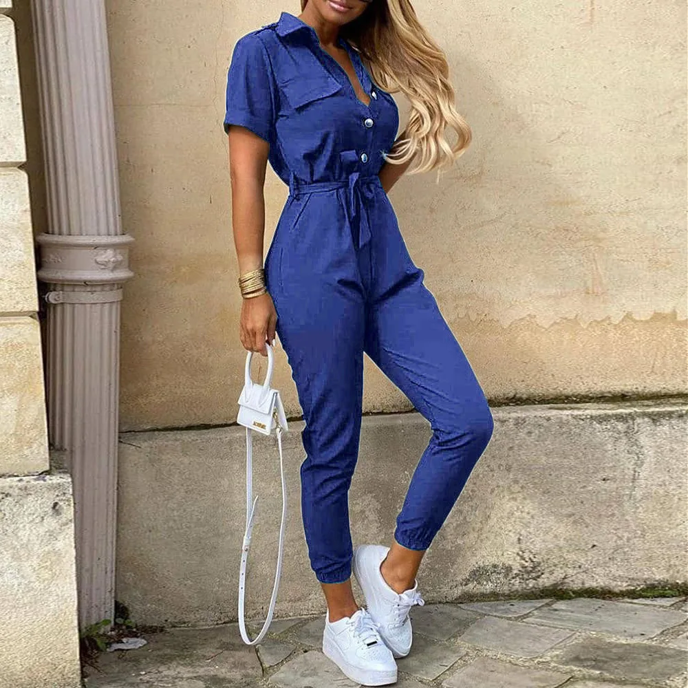 Women's Jumpsuit | Short Sleeve with Lapel | Printed Belt & Elegant Fit | Polyester