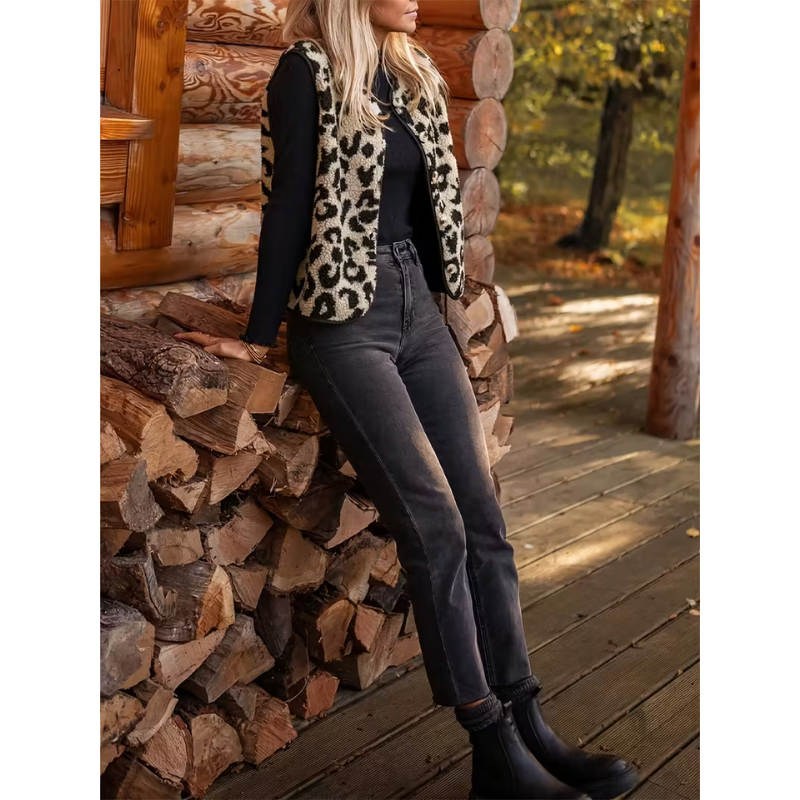 Women's Leopard Print Vest | Button-Up Casual Style | Clothing