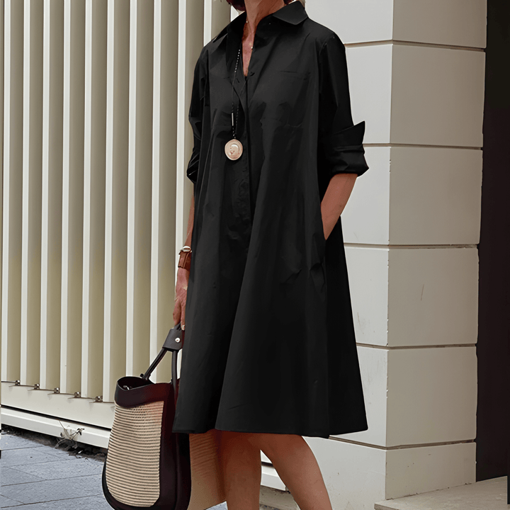 Women's Shirt Dress | Loose Fit Button-Down | Stand Collar & Lapel Style | Polyester