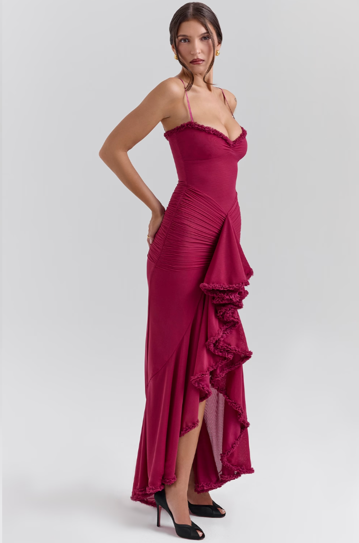 Women Maxi Dress | Spaghetti Straps & Ruffle Details | Sheer Layers | Wedding & Party