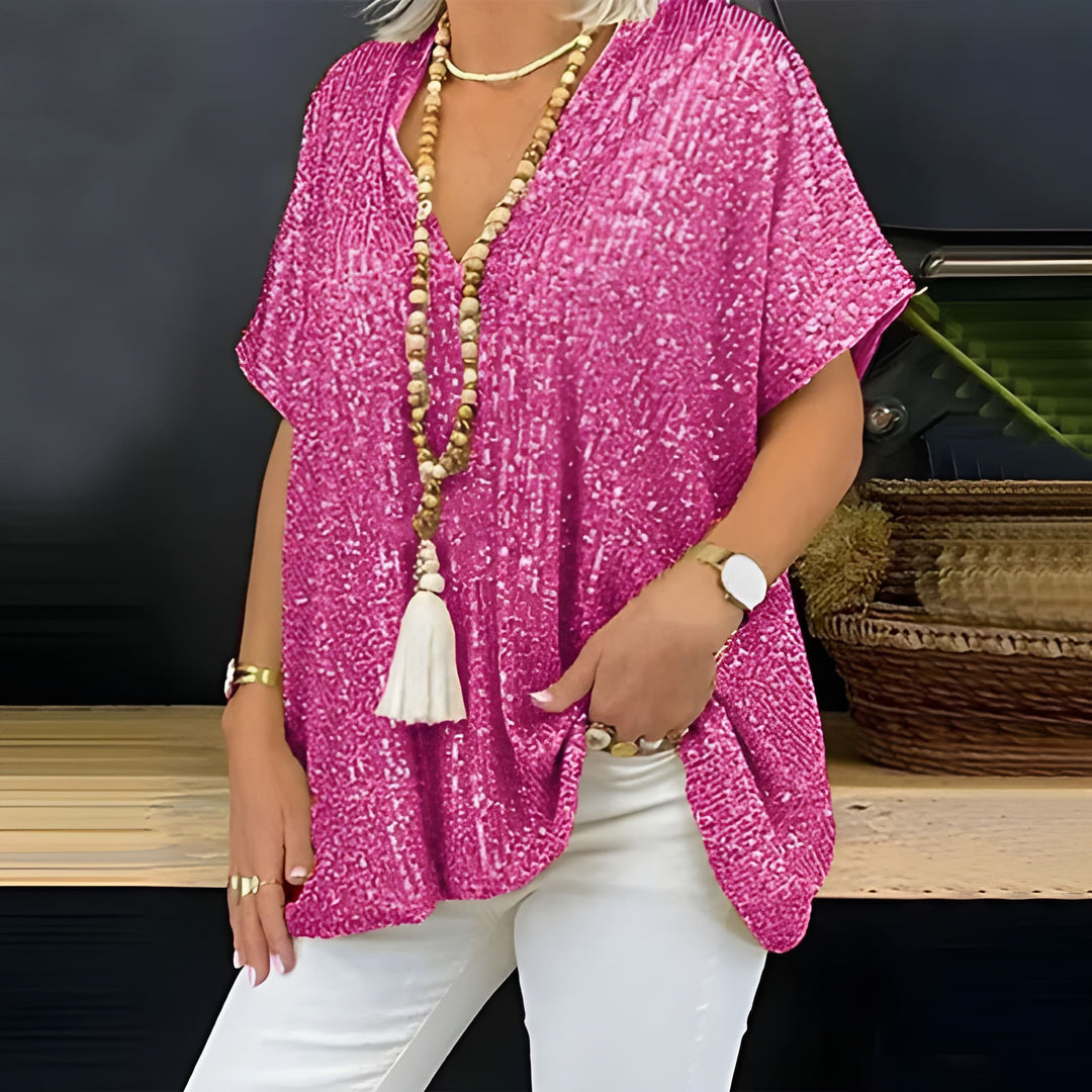 Women’s T-Shirt | V-Neck Sequin Detail | Loose-Fit Urban Summer Top