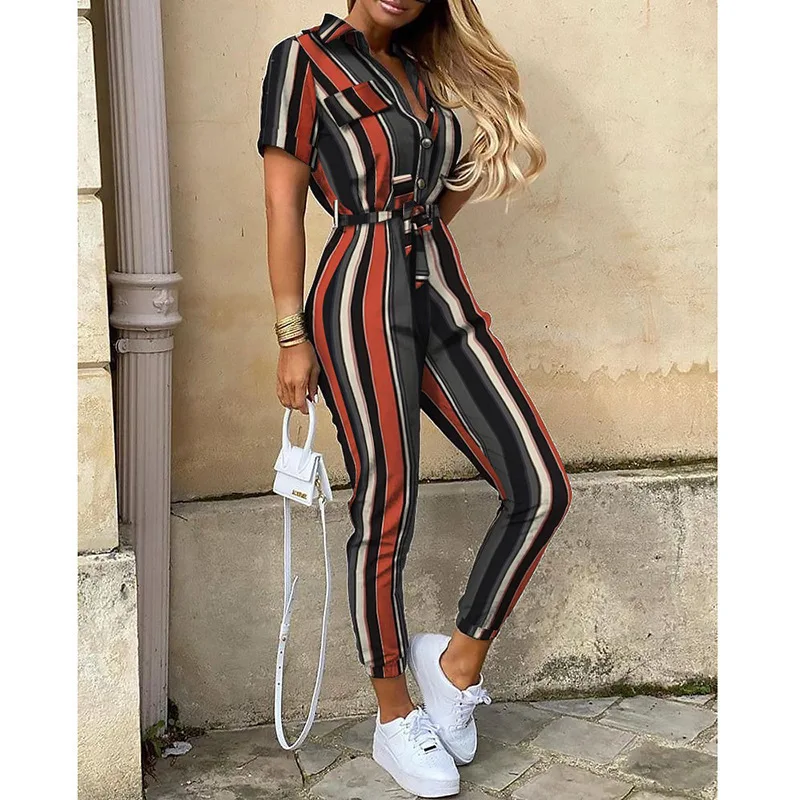 Women's Jumpsuit | Short Sleeve with Lapel | Printed Belt & Elegant Fit | Polyester