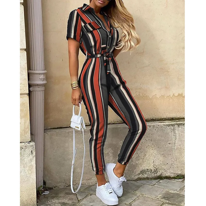 Women's Jumpsuit | Short Sleeve with Lapel | Printed Belt & Elegant Fit | Polyester