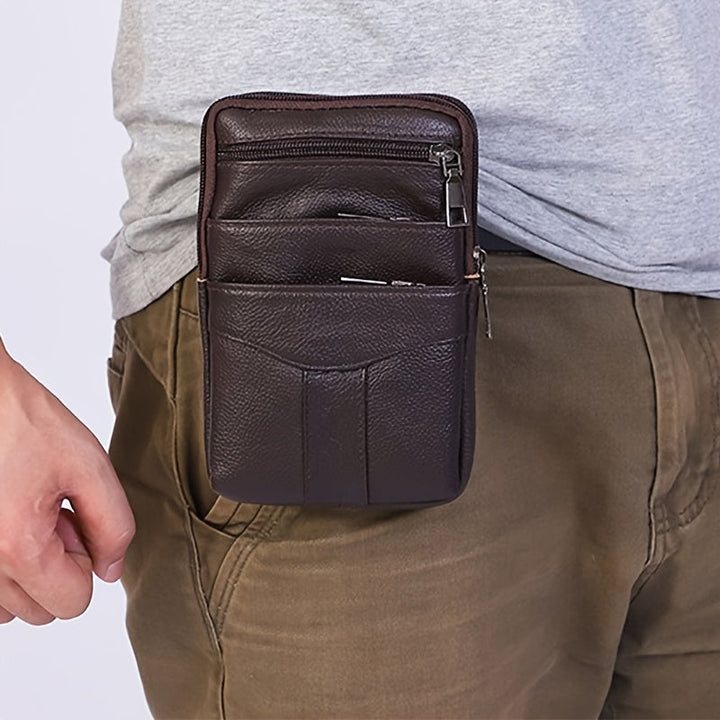 Men’s Waist Bag | Genuine Cowhide Leather | With Phone Holder & Multiple Zip Pockets