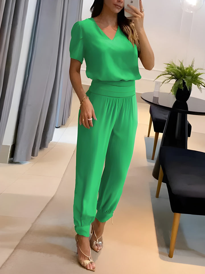 Women's Two-Piece Set | V-Neck Printed Top & Trousers | Casual Summer Outfit | Polyester