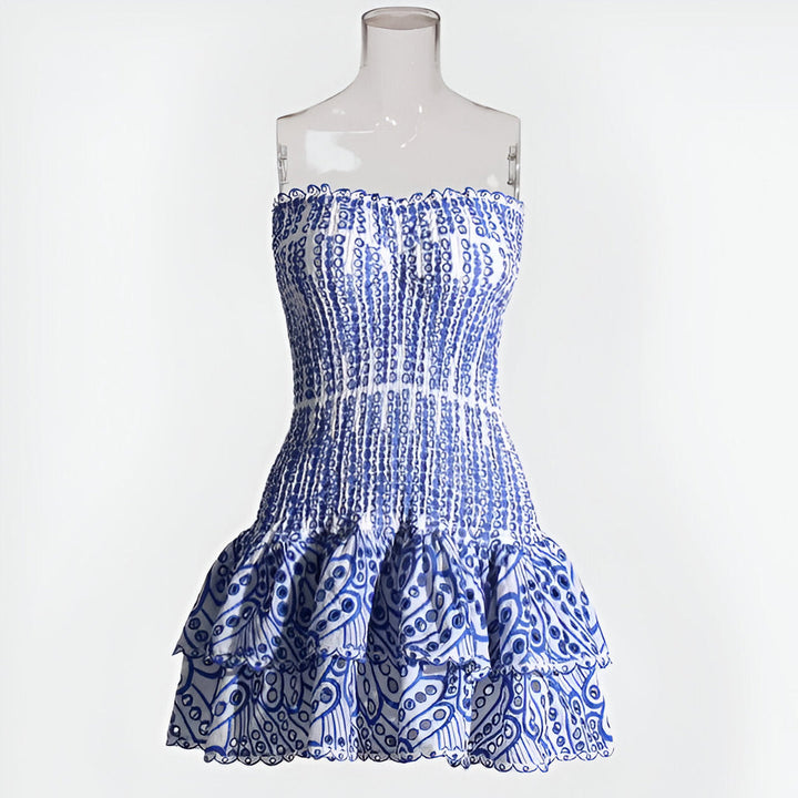 Women’s Mini Dress | Boho & Summery | Strapless with Ruffle | Embroidered Flowers