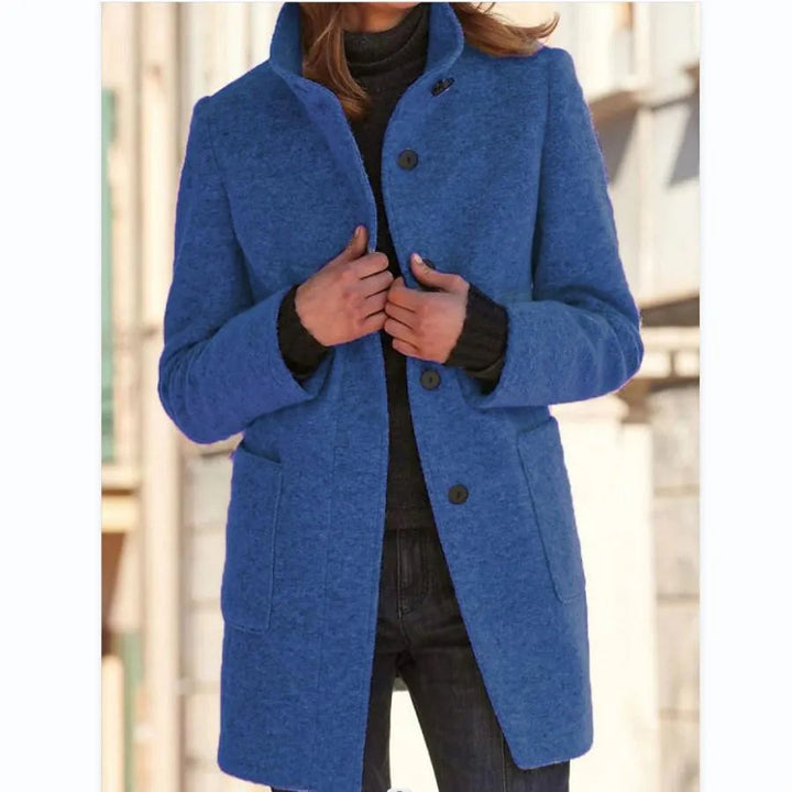 Women’s Coat | Retro Commuter Style | Stand Collar & Pockets | Polyester