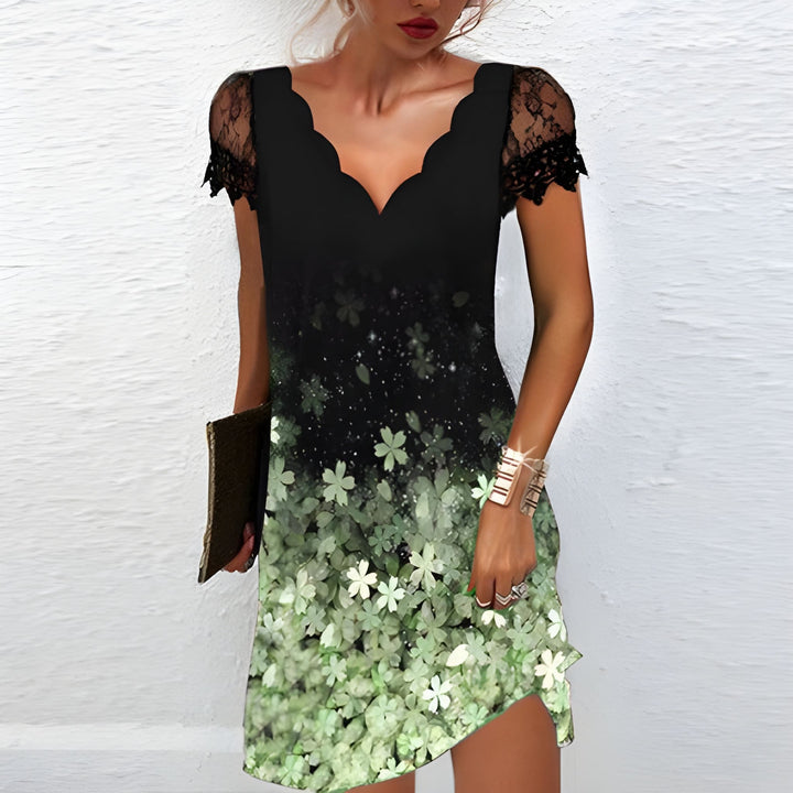 Women's V-Neck Dress | Lace Print & Wave Pattern | Short Sleeve Knee-Length | Polyester