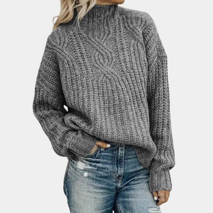 Women’s Vintage Knit Sweater | High Neck & Cable Pattern | Loose & Comfortable