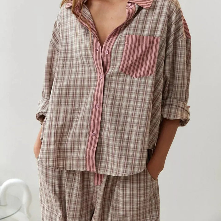 Pyjamas Set | Soft Plaid Patchwork Design | Relaxed Womens Clothing