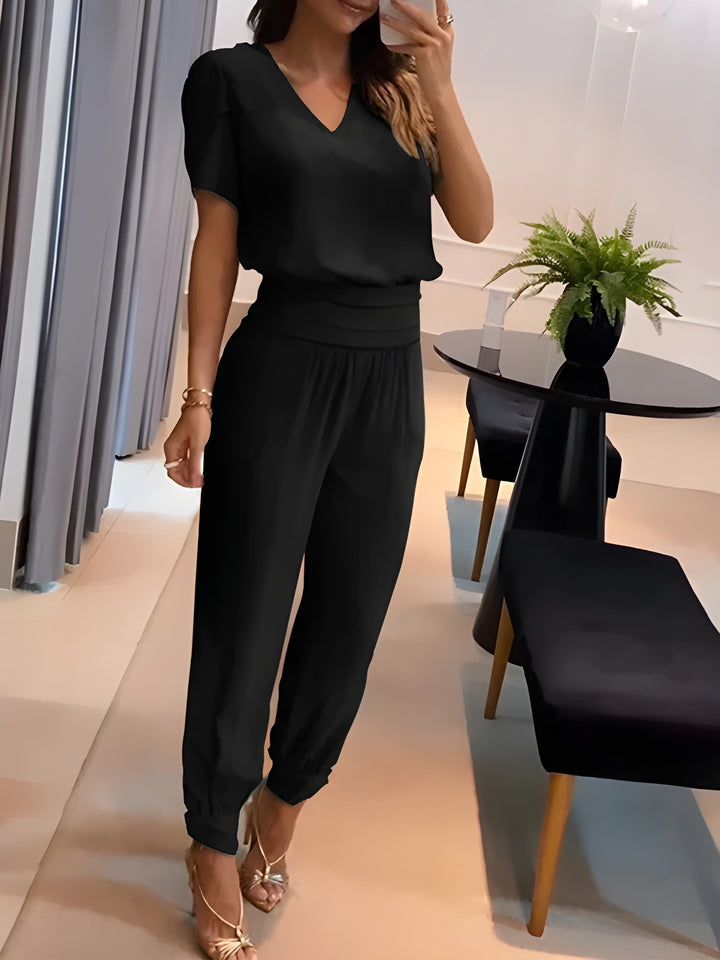 Women's Two-Piece Set | V-Neck Printed Top & Trousers | Casual Summer Outfit | Polyester