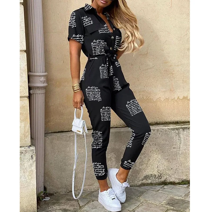 Women's Jumpsuit | Short Sleeve with Lapel | Printed Belt & Elegant Fit | Polyester